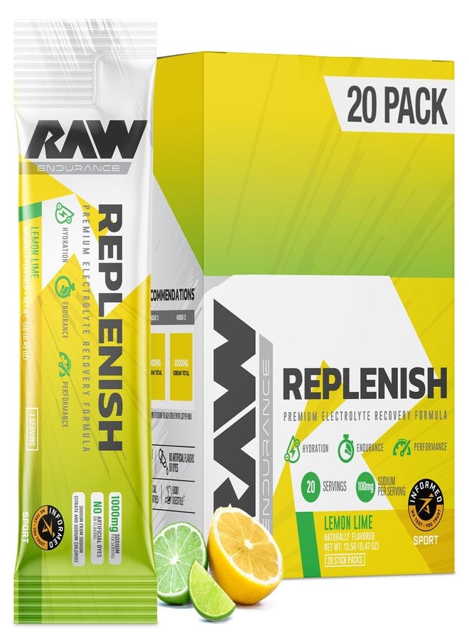 RAW Replenish Packets, Premium Electrolytes Powder Recovery Formula, Lemon Lime (20 Stick Packs) - Flavored Electrolyte Drink Mix for Hydration, Replenishment, Endurance & Performance Workouts - Image 1